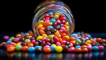 A jar of colorful candies is spilled out on a table. The candies are of various colors and sizes, creating a vibrant and playful scene. The spilled candies are scattered across the table photo