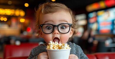 A baby wearing glasses is holding a bowl of popcorn. The scene is set in a movie theater, with a TV in the background photo
