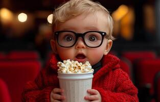 A baby wearing glasses and holding a white cup of popcorn. The baby is looking at the camera with a surprised expression photo