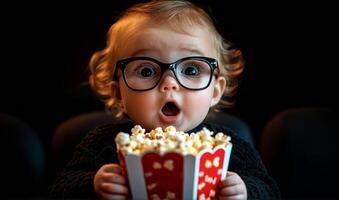 A baby wearing glasses is holding a box of popcorn. The baby has an open mouth and is looking at the camera. The scene is playful and lighthearted, as the baby is dressed up like a movie character photo