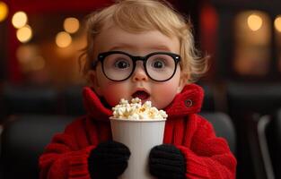 A baby wearing glasses and holding a cup of popcorn. The baby is looking at the camera with a surprised expression photo