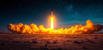 A rocket is launching into the sky, leaving a trail of orange smoke behind it. The scene is set in a vast, empty field, with the stars shining brightly in the background photo