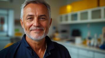 A man with a beard and gray hair is smiling in front of a kitchen counter. The kitchen is well-equipped with a refrigerator, oven, and microwave photo