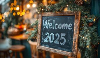 A sign that says Welcome to 2025 is hanging on a tree. The sign is made of wood and has a chalkboard on it. The sign is surrounded by Christmas trees and lights, giving it a festive photo