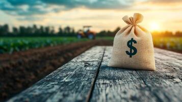 A bag of money sits on a wooden table in a field. The bag is filled with money and is tied with a string. The scene is peaceful and serene, with the sun setting in the background photo