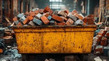 A yellow dumpster filled with bricks. The bricks are piled high and the dumpster is overflowing. The scene is chaotic and messy, with the bricks scattered all over the ground. Scene is one of disarray photo