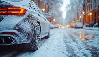 A car is parked on a snowy street with a bright light shining on it. The scene is quiet and peaceful, with no other cars or people visible photo