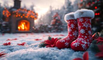 Two red snow boots with white snowflakes on them are sitting in the snow. The snow boots are surrounded by red leaves, which contrast with the white snow. The scene has a cozy and festive mood photo