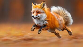 A fox is running through the woods with its tail in the air. Concept of freedom and playfulness, as the fox leaps through the trees photo