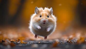 A hamster is jumping in the air. The hamster is small and fluffy. The hamster is in a leaf pile photo