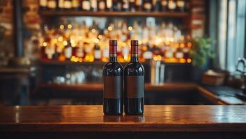 Two bottles of wine are on a bar counter. The bottles are black and red. The bar has a lot of liquor bottles on it photo