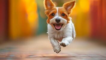 A dog is running and smiling. The dog is white and brown photo