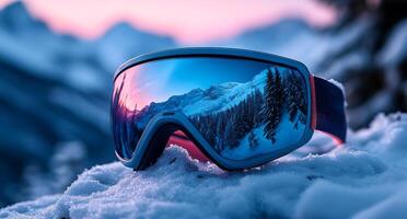 A pair of goggles with a blue lens and a red strap. The goggles are on a snowy surface photo