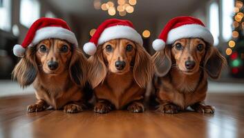Three dogs wearing santa hats are standing on a wooden floor. The dogs are all brown and appear to be posing for a photo