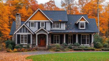 A large house with a black roof and white trim. The house is surrounded by trees and has a large yard. The house is in the fall season, with leaves on the ground photo