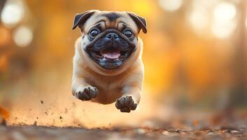 A small dog is running through the air, with its tongue hanging out and its eyes closed. The dog appears to be enjoying itself and is in a playful mood photo