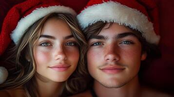 A man and a woman are wearing Santa hats and smiling for the camera. The man has a beard and the woman has green eyes photo