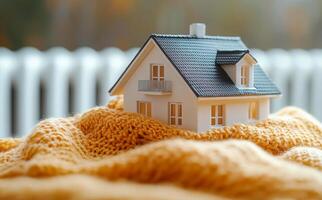 Small model house on cozy knitted blanket indoors. A miniature house is placed on a warm, yellow knitted blanket, creating a cozy atmosphere perfect for indoor comfort. photo