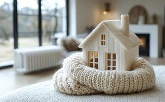 Cozy mini house in a knitted scarf. A small wooden house is snugly wrapped in a thick knitted scarf, set in a bright, modern living room space. photo