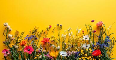 Vibrant flowers on yellow backdrop. A variety of vibrant flowers bloom in front of a cheerful yellow backdrop, creating a lively and fresh ambiance. photo