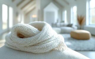 Knitted scarf on a stylish table. A soft white knitted scarf rests on a table in a bright, modern living room designed for comfort and relaxation. photo