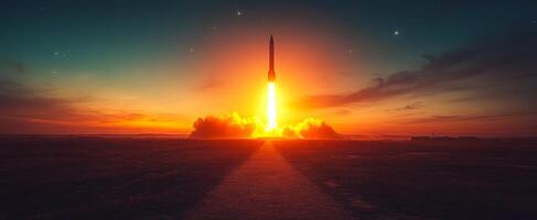 Rocket launch at sunset from a remote launch site. A rocket launches against a vibrant sunset sky, illuminating the area with bright flames and smoke. photo