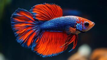 Colorful bettas in a calm aquarium. A vibrant betta fish with striking red and blue colors elegantly swims through clear water in a serene aquarium. photo