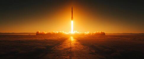 Rocket launch at sunrise over desert landscape. A rocket is ascending into the sky as the sun rises over a vast desert landscape, illuminating the scene with warmth. photo