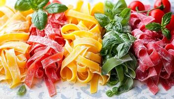 Colorful basil and tomato pasta. Colorful homemade pasta with fresh basil and ripe tomatoes creates a vibrant, appetizing display. photo