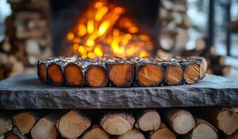 Cozy fireplace with stacked logs. A warm fireplace features stacked logs, creating a cozy atmosphere perfect for winter gatherings and relaxation. photo
