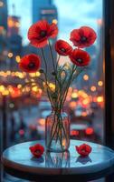 Cozy urban dusk with vibrant red poppies. A vase filled with red poppies sits on a table, contrasting with a bustling city backdrop during twilight. photo