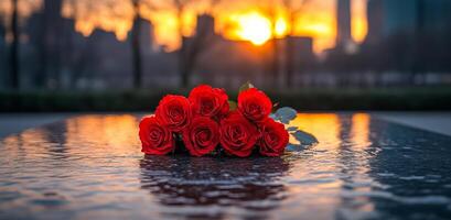 Red roses on a reflective sunset surface. A bouquet of red roses casts a silhouette of the city skyline as the sun sets on a shiny surface. photo