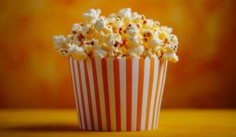 Popcorn in a striped container. A large container filled with fluffy, golden popcorn is presented against a warm, vibrant background. photo