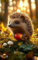 Cute hedgehog holding a red apple in the forest. A small hedgehog stands in the forest, clutching a bright red apple amidst mushrooms and green grass during sunset. photo