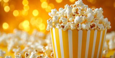 Party popcorn in a striped container. A large container of popcorn sits surrounded by scattered kernels, creating a festive atmosphere for a celebration. photo