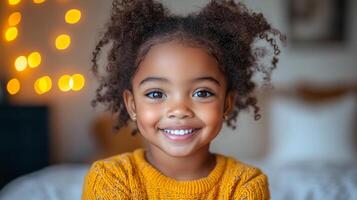 Happy child smiling in cozy room with warm lights. A joyful young girl with curly hair is smiling brightly, surrounded by soft lighting in a comfortable indoor setting. photo