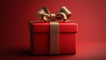 Beautiful red gift box with golden ribbon display. A vibrant red gift box adorned with a shiny golden ribbon sits elegantly against a solid background. photo