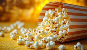 Popcorn overflowing from a striped box. Freshly popped popcorn cascades from a striped container onto a bright surface, creating a fun snack atmosphere. photo