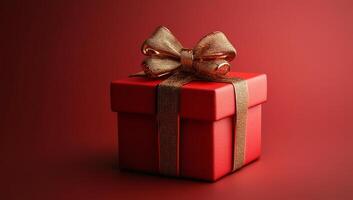 Red gift box with gold ribbon on festive bg. A vibrant red gift box with a golden ribbon sits against a rich red backdrop, creating a festive vibe. photo
