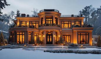 Chic winter night at a snowy mansion. A stunning mansion adorned with warm lights stands amidst freshly fallen snow, creating a cozy winter ambiance. photo
