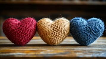 Colorful yarn hearts arranged on a wooden table. Three hearts made of yarn in red, gold, and blue sit neatly on a rustic wooden surface, showcasing their textures. photo