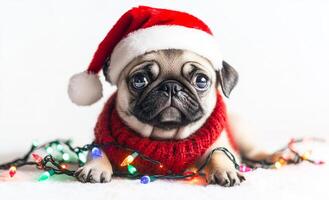 A small dog wearing a red Santa hat and a red scarf is laying on a white surface. The dog is surrounded by Christmas lights, creating a festive and joyful atmosphere photo