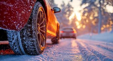 A red car with snow on the tires is parked on a snowy road. The sun is setting in the background, casting a warm glow on the scene photo