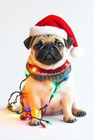 A pug dog is wearing a red Santa hat and a red and white striped scarf. The dog is sitting in front of a Christmas tree with lights photo