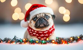A pug dog is wearing a red Santa hat and a red scarf. The dog is laying on a Christmas tree with lights photo