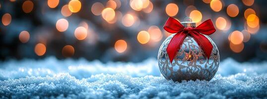 A silver ornament with a red ribbon sits on top of a snowy surface. Concept of warmth and holiday cheer, as the ornament is a symbol of Christmas. The snow-covered ground adds a serene photo