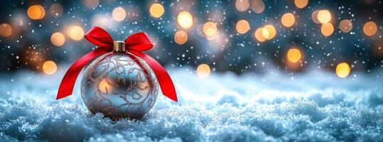 A silver ball with a red ribbon on it is sitting on top of snow. The image has a festive and joyful mood, as it is a Christmas scene photo