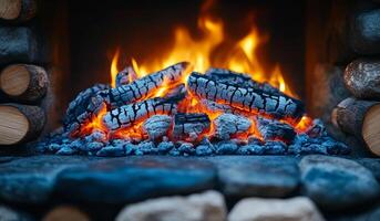 A pile of wood is burning in a fireplace, creating a warm and cozy atmosphere. The fire is orange and yellow, and the logs are charred and blackened. Concept of comfort and relaxation photo