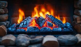 A fire is burning in a fireplace, with the logs still glowing red. The fire is surrounded by rocks, giving the scene a rustic and cozy atmosphere photo