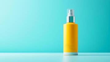 A bright yellow spray bottle is placed on a smooth surface, creating a vibrant contrast with the teal backdrop. photo